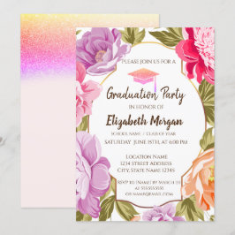 Elegante Blütendecke, Glitzer Graduation Cap Einladung