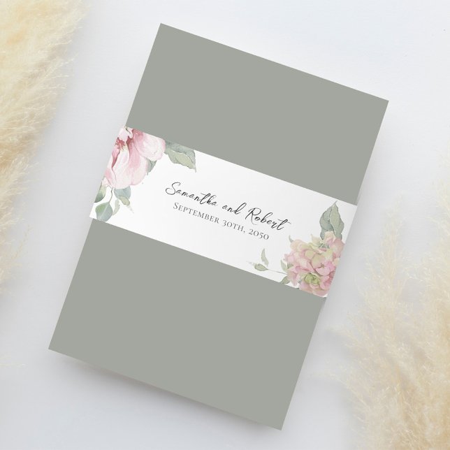 Elegante Blütenfarbe Rosa Wasserfarbe Einladungsbanderole (Elegant watercolor blush floral invitation belly band.)