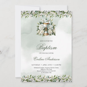 Elegante Blütengoldkalice weiße Lilien Taufe Einladung
