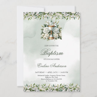 Elegante Blütengoldkalice weiße Lilien Taufe Einladung