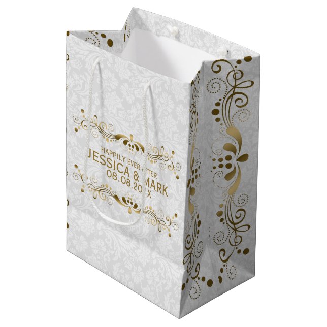 Elegante Blütengoldplatte mit weißen Damaskus 2a Mittlere Geschenktüte (Vorderseite Schrägansicht)