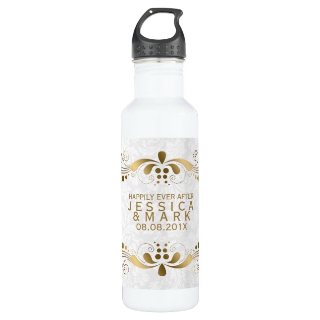 Elegante Blütengoldplatte mit weißen Damaskus 2a Trinkflasche (Vorderseite)
