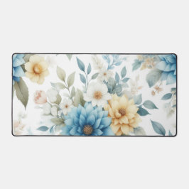Elegante Blütenpastel Blau und Gelb auf Weiß Schreibtischunterlage