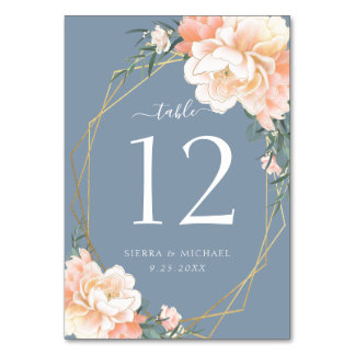 Elegante Blütenpfirsich Dusty Blue Gold Wedding Tischnummer