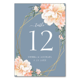 Elegante Blütenpfirsich Dusty Blue Gold Wedding Tischnummer