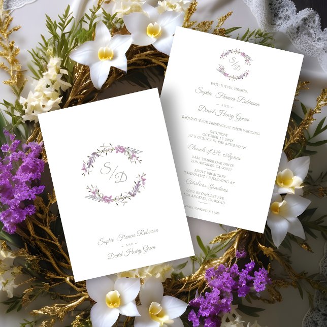 Elegante Boda Lilac Floral Garland Einladung (Sophisticated Elegant Lilac Floral Wedding Garland Invitation Card.)