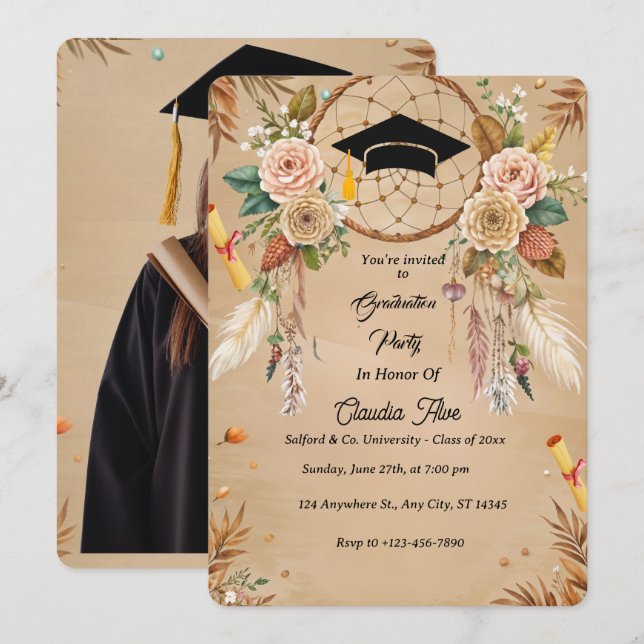 Elegante Boho Abschluss Einladungskarte (Vorne/Hinten)