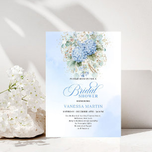 Elegante Boho Blue Hortensien Goldene Hochzeits Ei Einladung