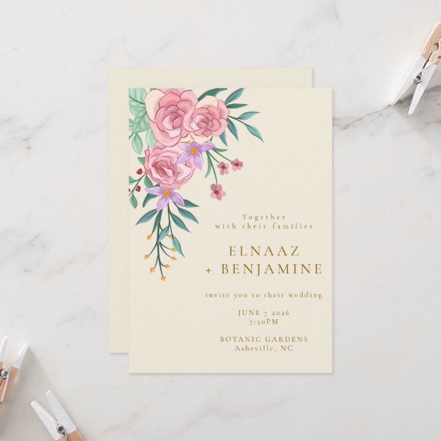 Elegante Boho Blush Pink Blumenzwiebelblume Hochze Einladung (Vorderseite/Rückseite Beispiel)