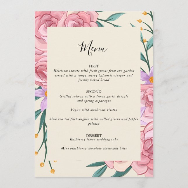 Elegante Boho Blush Pink Blumenzwiebelblume Hochze Menükarte (Vorderseite)