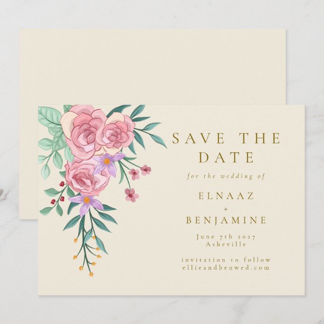 Elegante Boho Blush Pink Blumenzwiebelblume Hochze Save The Date (Vorne/Hinten)