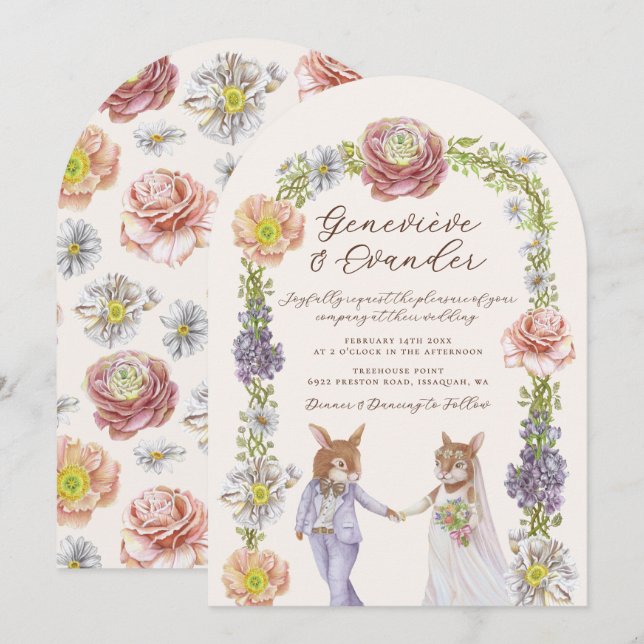 Elegante Boho Bunny Liebe Wasserfarbene Hochzeit Einladung (Vorne/Hinten)