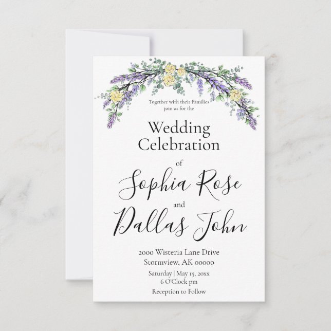 Elegante boho chic Lavender gelben Rosen Hochzeit Einladung (Vorderseite)
