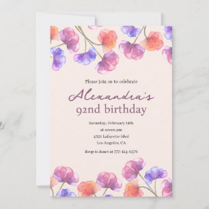 Elegante Boho-Chic-Wasserfarben-Blumen zum 92. Geb Einladung