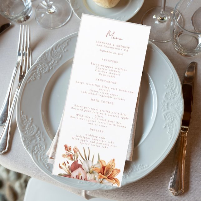 Elegante Boho Fall Floral Wedding Menus Menükarte (Von Creator hochgeladen)
