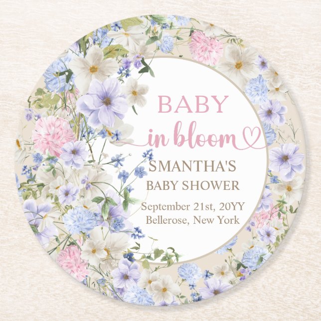 Elegante Boho Federbeindusche Wildblume Babydusche Runder Pappuntersetzer (Vorderseite)