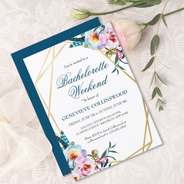 Elegante Boho Floral Bachelorette Wochenende Ausfl Einladung (PRETTY BLUE BOHO FLORAL BACHELORETTE WEEKEND INVITATION WITH ITINERARY)