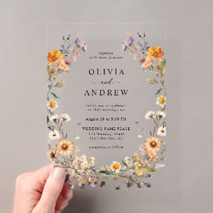 Elegante Boho-Land-Wildblumen Botanische Hochzeit Acryleinladungen