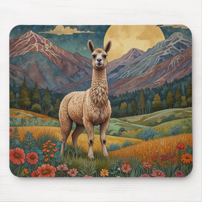 Elegante boho llama alpaca Vintage Landschaft Mousepad (Vorne)
