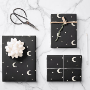 Elegante Boho Mystical Moon Stars Schwarz und Weiß Geschenkpapier Set