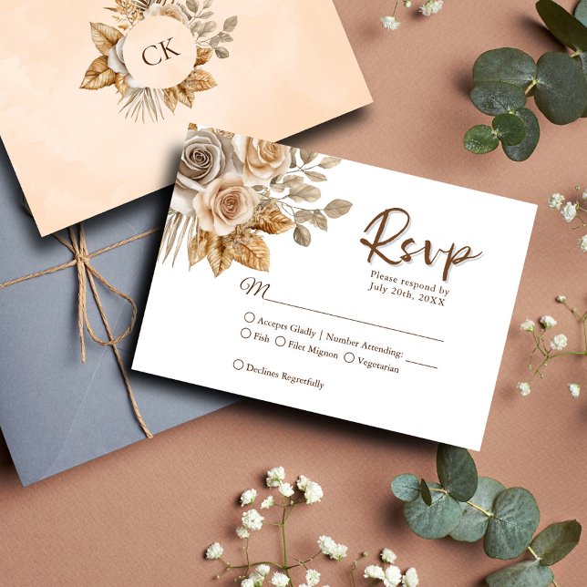 Elegante Boho neutrale florale Akzente Hochzeit RSVP Karte (Von Creator hochgeladen)