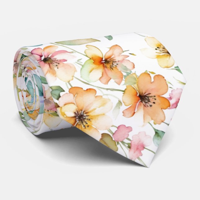 Elegante Boho Orange Pink Wasserfarbe Wildblumen Krawatte (Gerollt)