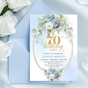 Elegante Boho-Pastellblaue Pfingstrosen 70. Geburt Einladung