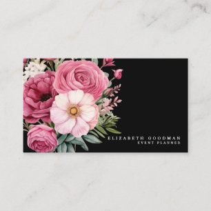 Elegante Boho Pink und Black Blume Business Cards Visitenkarte