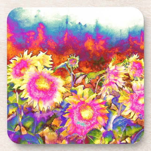 Elegante Boho Retro-Sonnenblumen rosa gelbe Blumen Untersetzer (Vorderseite)