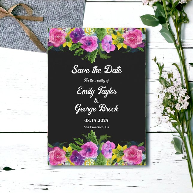 Elegante Boho Romantische Blume Schwarze Flora Hoc Save The Date (Von Creator hochgeladen)