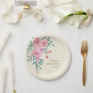 Elegante Boho Rosa Wasserfarben-Blumenhochzeit Pappteller