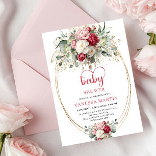 Elegante Boho Ruby-Blush-Gold-Blumen-Baby-Party Einladung