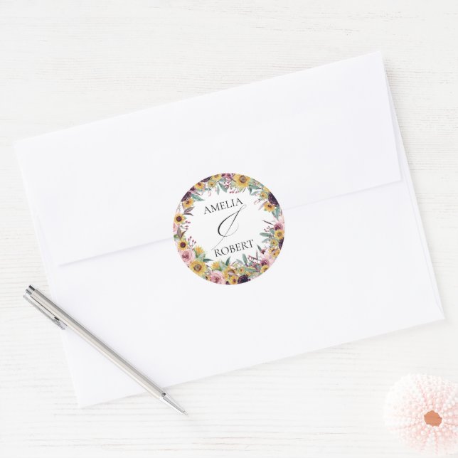 Elegante Boho Sonnenblume Rustikale Hochzeit im He Runder Aufkleber (Umschlag)