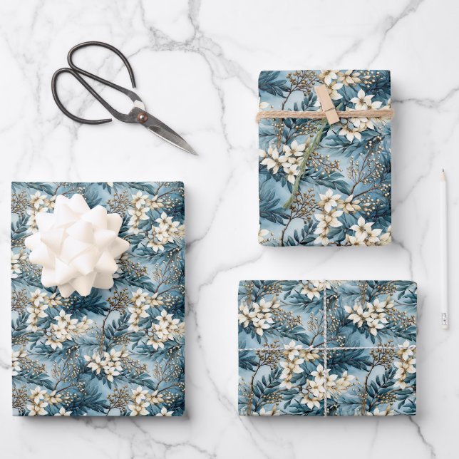 Elegante boho staubige blaue und Elfenbeinwinters- Geschenkpapier Set (Vorderseite)