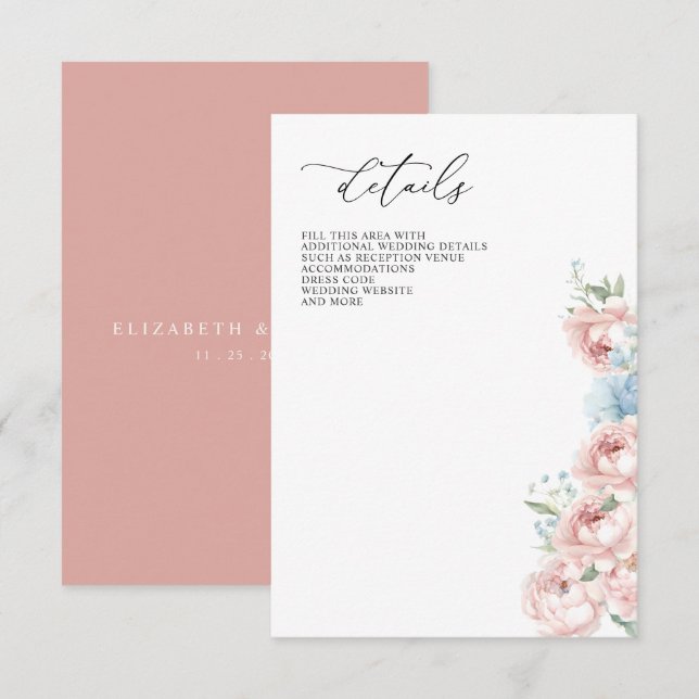 Elegante Boho Summer Blush Blumenhochzeit Begleitkarte (Vorne/Hinten)