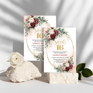 Elegante Boho-Tiefrote Pfingstrosen Sweet Sixteen Einladung