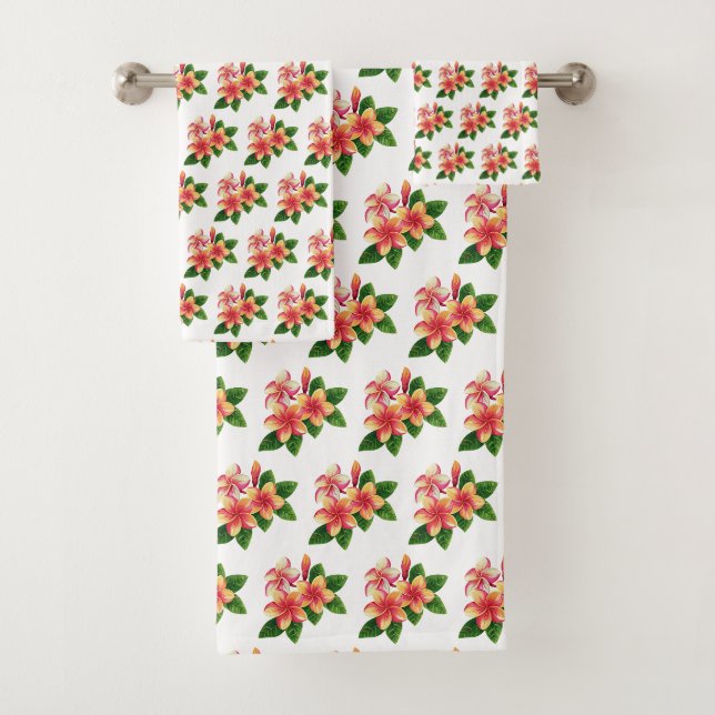 Elegante Boho Tropical Pink-Blume auf Weiß Badhandtuch Set (Insitu)