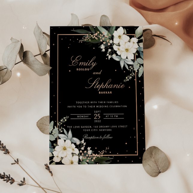 Elegante Boho Watercolor Schwarze Hochzeit Folieneinladung (Von Creator hochgeladen)