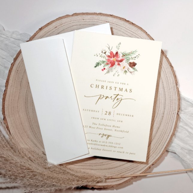 Elegante Boho Weihnachts-Party Einladung Cream Gol (Boho Christmas party invitations - elegant cream poinsettia)