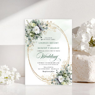 Elegante Boho Weiße Rosen Grüne Hochzeitseinladung Einladung