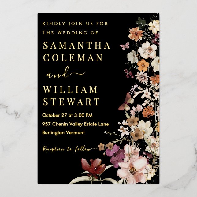 Elegante Boho Wildblume Black Rustic Wedding Folieneinladung (Vorderseite)