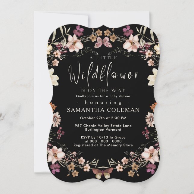 Elegante Boho Wildblume Moderne Black Baby Shower Einladung (Vorderseite)
