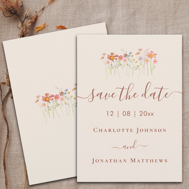 Elegante Boho-Wildblumenwiese-Hochzeit Save The Date (Wildflower boho garden meadow watercolor floral beige brown terracotta Wedding invitation)