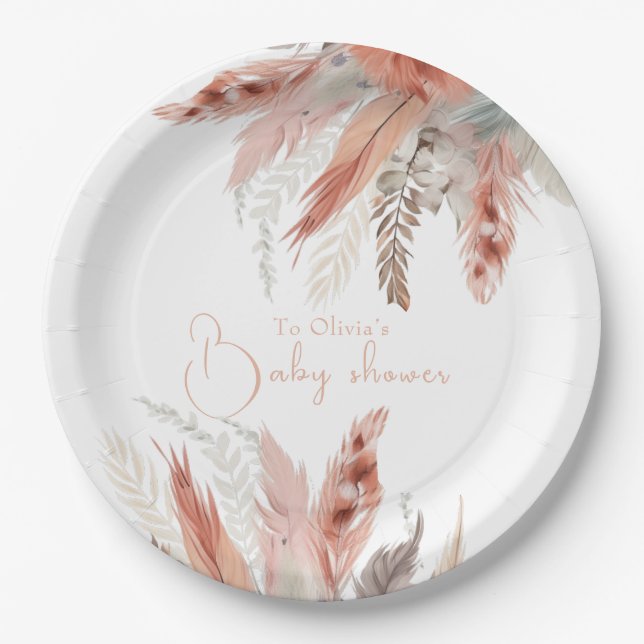 Elegante BohoPampas-Gras-Babydusche Pappteller (Vorderseite)