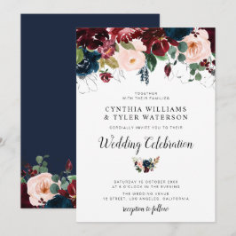 Elegante Bordeaux- & Navy-Blütenhochzeit Einladung