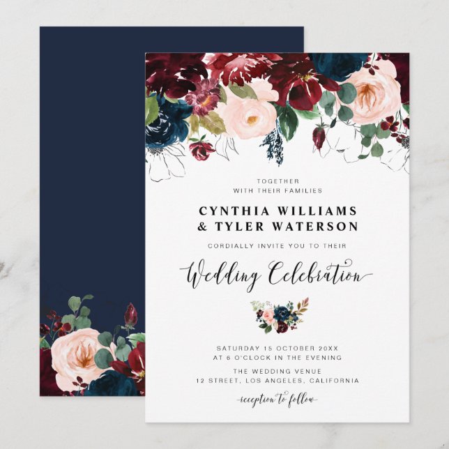 Elegante Bordeaux- & Navy-Blütenhochzeit Einladung (Vorne/Hinten)