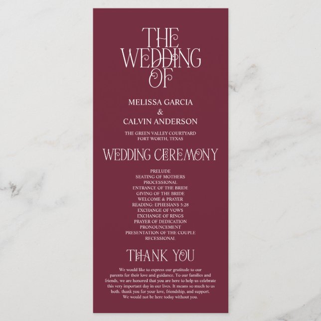 Elegante Bordeaux-Wein-Typografie Hochzeitsprogram Programm (Vorderseite)