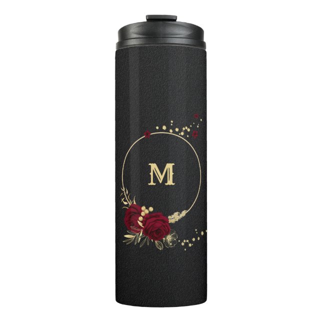 Elegante bordeauxfarbene Blume schwarz Thermosbecher (Vorderseite)