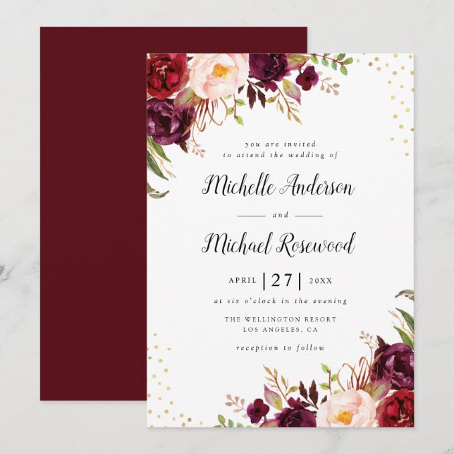 elegante, bordeauxfarbene Hochzeitseinladung Einladung (Vorne/Hinten)