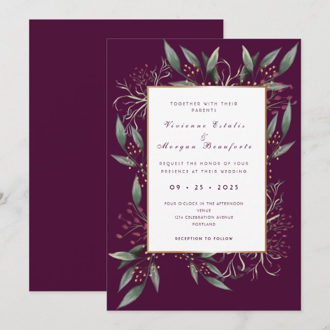 Elegante, bordeauxgrüne Blattgold-Hochzeit Einladung (Vorne/Hinten)